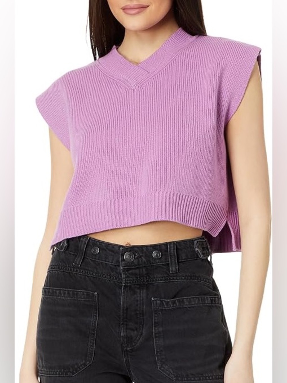 Free People Lavender Cropped Knit V-Neck Sweater Vest